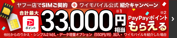 ヤフー店でSIMご契約とワイモバイル公式紹介キャンペーンを合わせて合計最大33,000円相当※1 のPayPayポイント※2もらえる 他社からのりかえ・シンプル2 M/L・データ増量オプション（550円/月）加入・ ワイモバイルを紹介した場合