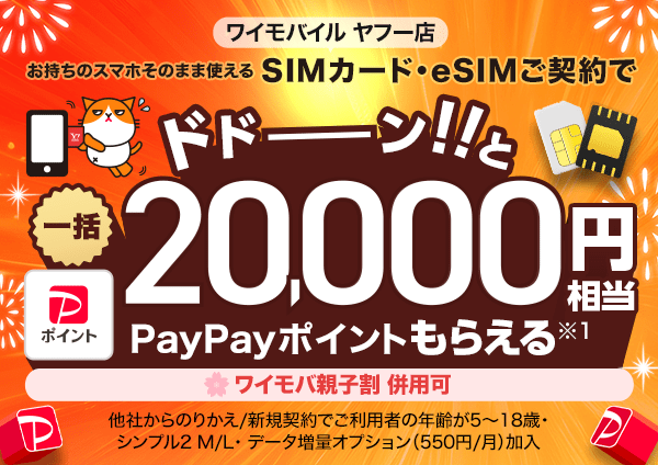 ワイモバイル ヤフー店 お持ちのスマホそのまま使えるSIMカード・eSIMご契約で ドドーン！！　と一括20,000円相当のPayPayポイントもらえる※1 ワイモバ親子割 併用可 他社からのりかえ/新規契約でご利用者の年齢が5〜18歳・シンプル2 M/L・ データ増量オプション（550円/月）加入