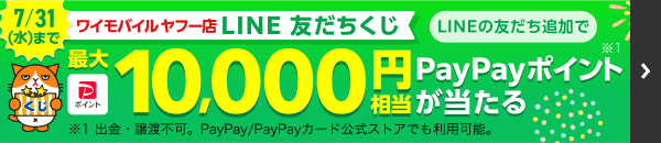7月31日（水曜日）まで ワイモバイル ヤフー店 LINE 友だちくじ LINEの友だち追加で 最大10,000円相当PayPayポイント※1 が当たる ※出金・譲渡不可。PayPay/PayPayカード公式ストアでも利用可能。