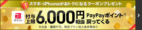 スマホとiPhoneがおトクになるクーポンプレゼント 付与上限6,000円相当PayPayポイント※ 戻ってくる ※出金・譲渡不可。特定プラン加入条件等あり