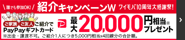 誰でも参加OK ワイモバ紹介キャンペーンW ワイモバ10周年大感謝祭！　ご家族やご友人紹介でPayPayギフトカード最大20,000円相当プレゼント※ ※出金・譲渡不可。ご紹介1人につき5,000円相当x4回線分の合計額。