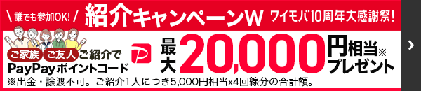 誰でも参加OK ワイモバ紹介キャンペーンW ワイモバ10周年大感謝祭！　ご家族やご友人紹介でPayPayポイントコード最大20,000円相当プレゼント※ ※出金・譲渡不可。ご紹介1人につき5,000円相当x4回線分の合計額。