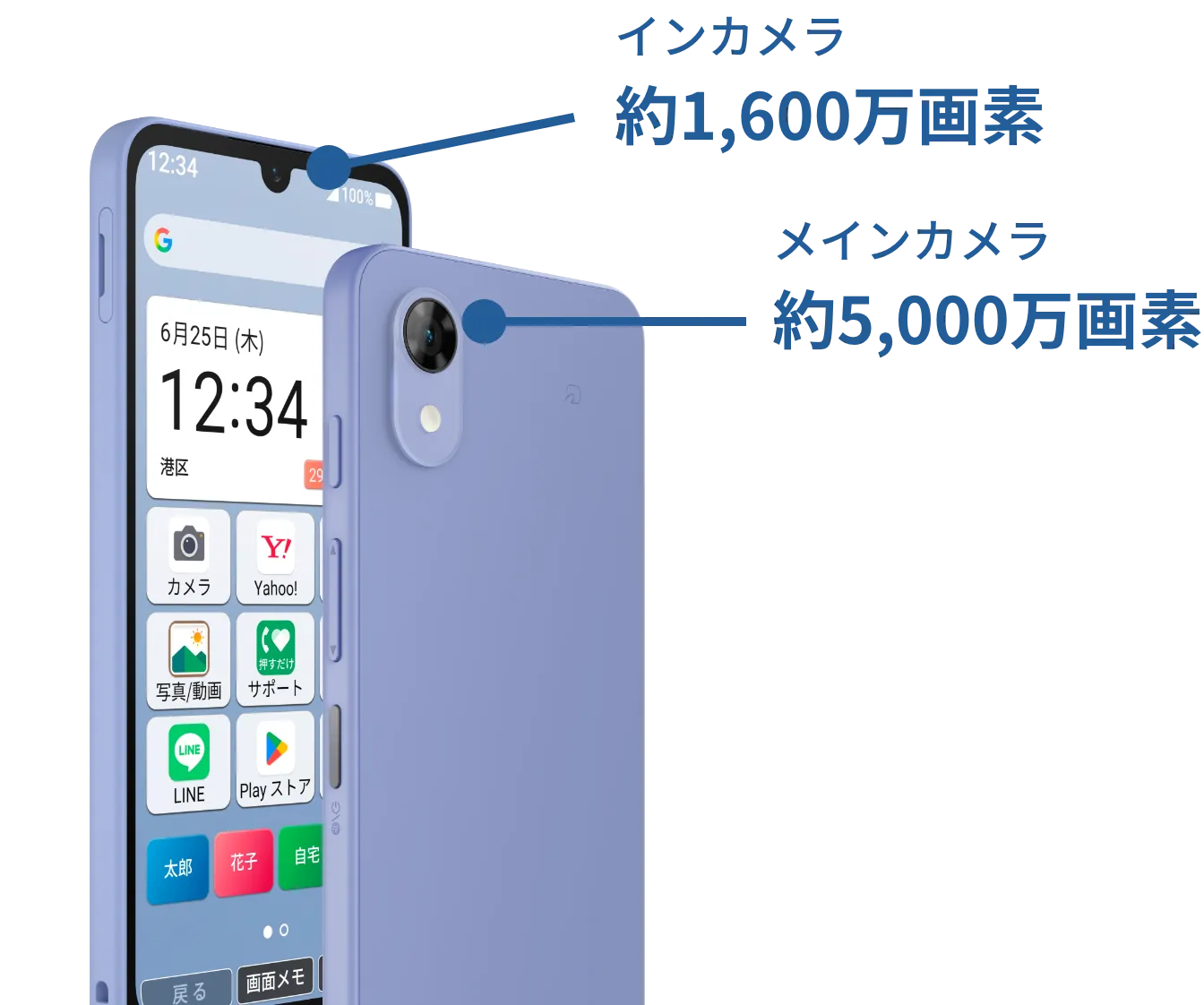インカメラ約1,600万画素 メインカメラ約5,000万画素