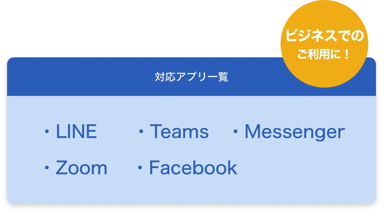 対応アプリ一覧 ビジネスでのご利用に！ ・LINE ・Teams ・Messenger ・Zoom ・Facebook