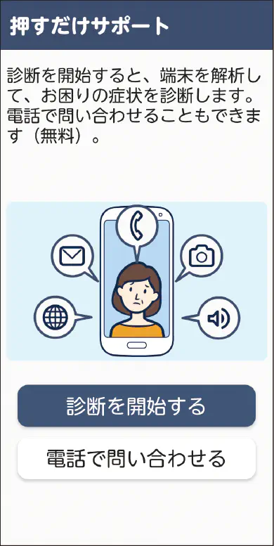 押すだけサポート 診断を開始すると、端末を解析して、お困りの症状を診断します。電話で問い合わせることもできます(無料)。