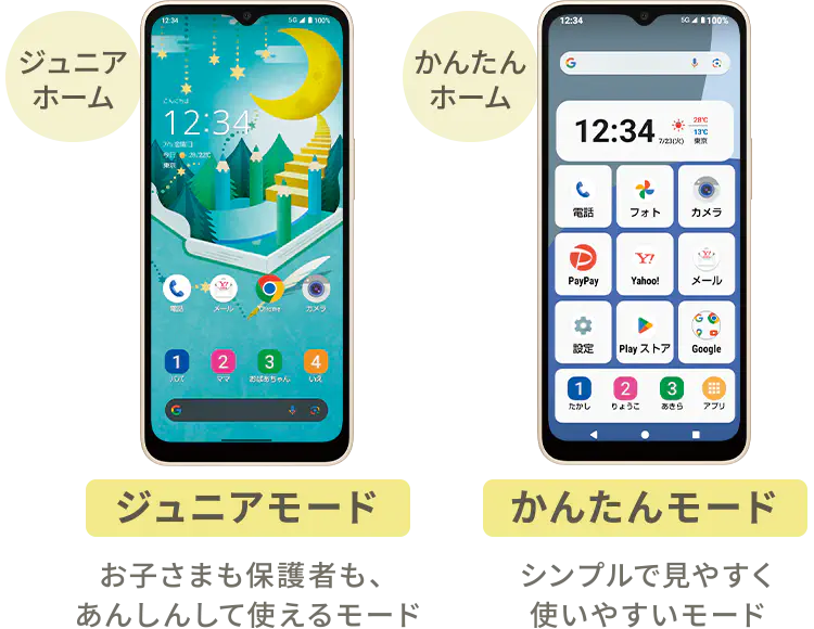 ジュニアモード お子さまも保護者もあんしんして使えるモード かんたんモード シンプルで見やすく使いやすいモード