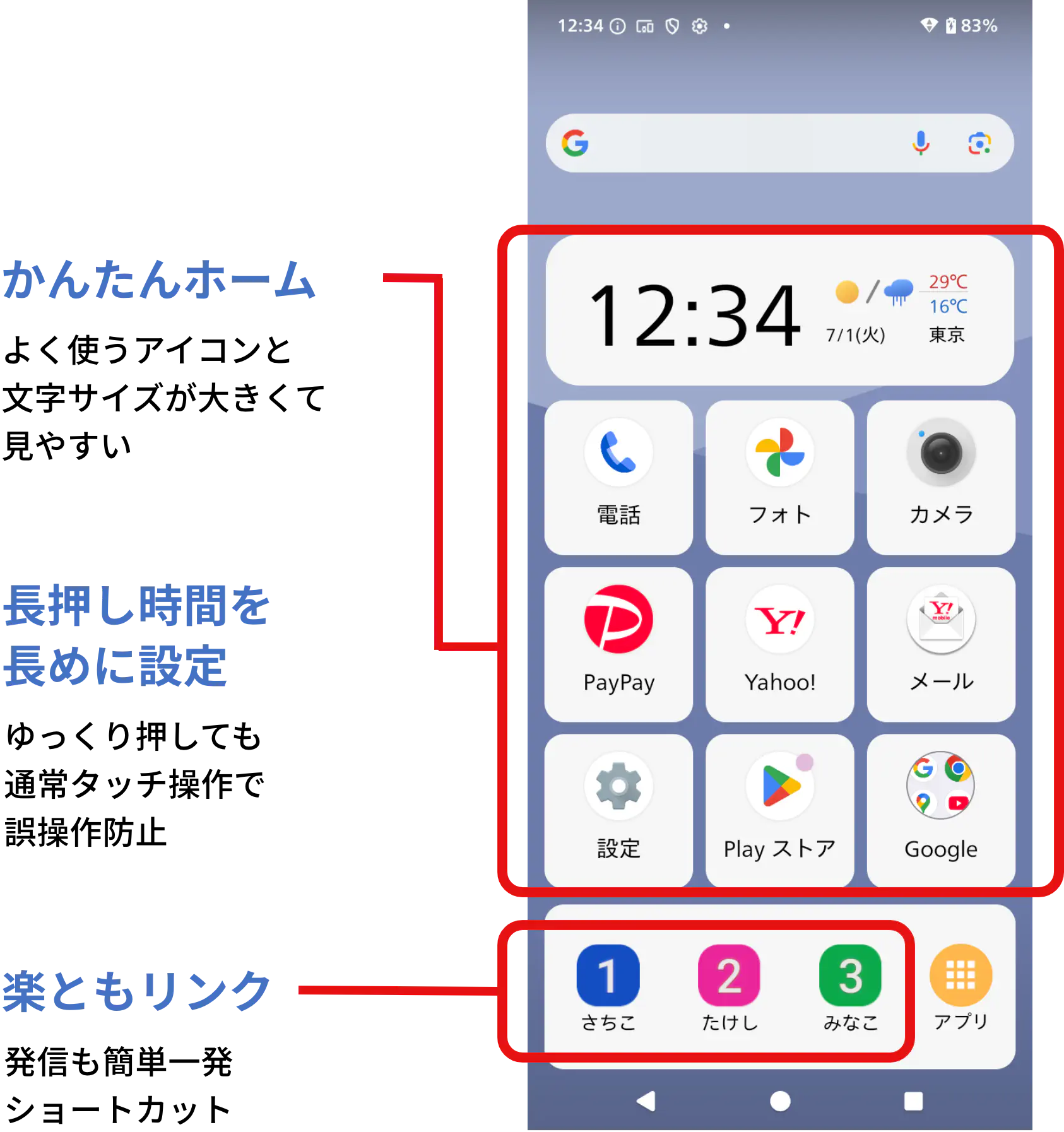 かんたんホーム よく使うアイコンと文字サイズが大きくて見やすい 長押し時間を長めに設定 ゆっくり押しても通常タッチ操作で誤操作防止 楽ともリンク 発信も簡単一発ショートカット