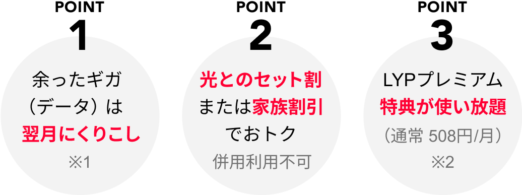 POINT1 余ったギガ（データ）は翌月にくりこし※1 POINT2 光とのセット割または家族割引でおトク併用利用不可 POINT3 LYPプレミアム特典が使い放題（通常 508円/月）※2