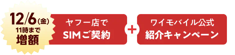 12/6(金)11時まで増額 ヤフー店でSIMご契約＋ワイモバイル公式紹介キャンペーン