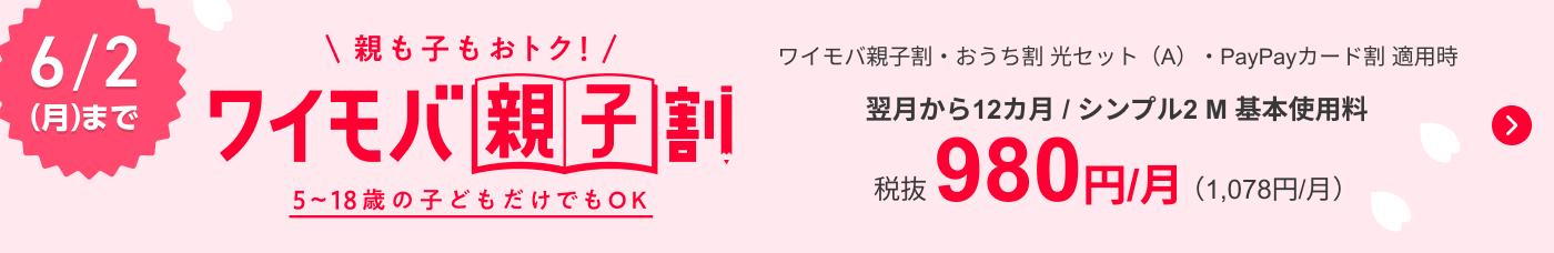 6/2（月）まで 親も子もおトク! 5歳から18歳の子どもだけでもOK ワイモバ親子割・おうち割 光セット（A）・PayPayカード割 適用時 翌月から12カ月 / シンプル2 M（20GB）基本使用料 税抜980円/月（1,078円/月）