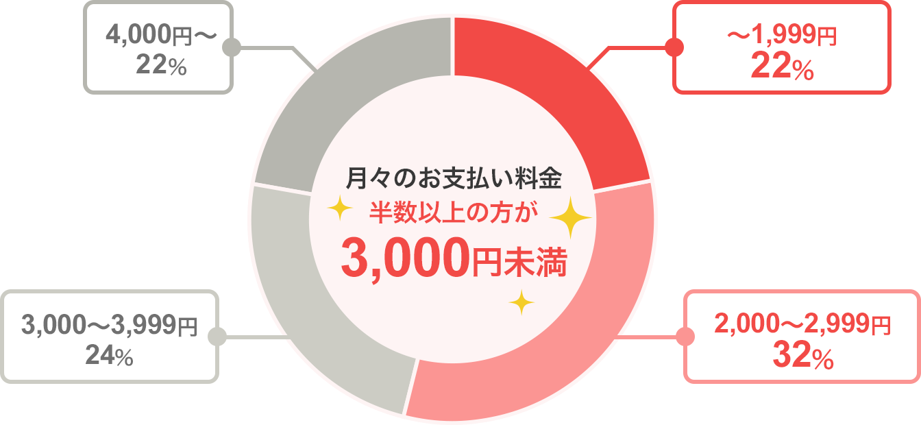 月々のお支払い料金 半数以上の方が3,000円未満 全体のうち1,999円以下の方は22% 2,000円から2,999円の方は32% 3,000円から3,999円の方は24% 4,000円以上の方は22%