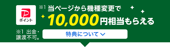 当ページから機種変更するとPayPayポイント※1が10,000円相当もらえる特典について ※1 出金・譲渡不可。