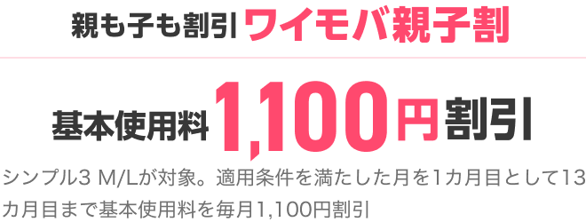 親も子も割引 ワイモバ親子割 基本使用料1,100円割引 シンプル3 M/Lが対象。適用条件を満たした月を1カ月目として13カ月目まで基本使用料を毎月1,100円割引